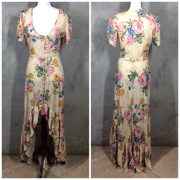 πΈ BOHEMIAN DRESS FLORAL MAXI HILO SWALLOWTAIL BOHO CHIC RUFFLE LONG BUTTON DOWN - Picture 7 of 16